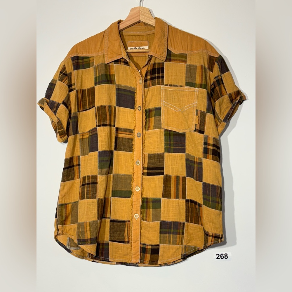 Free People Charleston Madras Check Mustard Plaid Button-Up Shirt Size XS - Picture 3 of 11